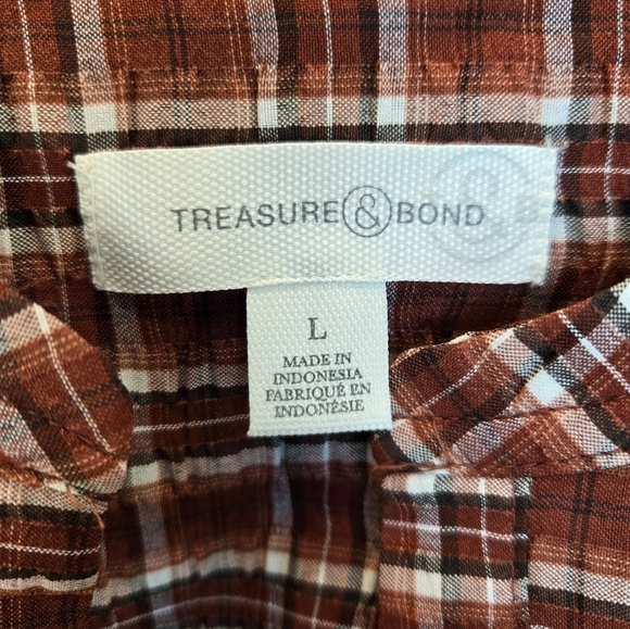 Tresure & Bond Womens Pull Over Top Sz L Rust Plaid Ballon Sleeves Relaxed Fit - Picture 5 of 11